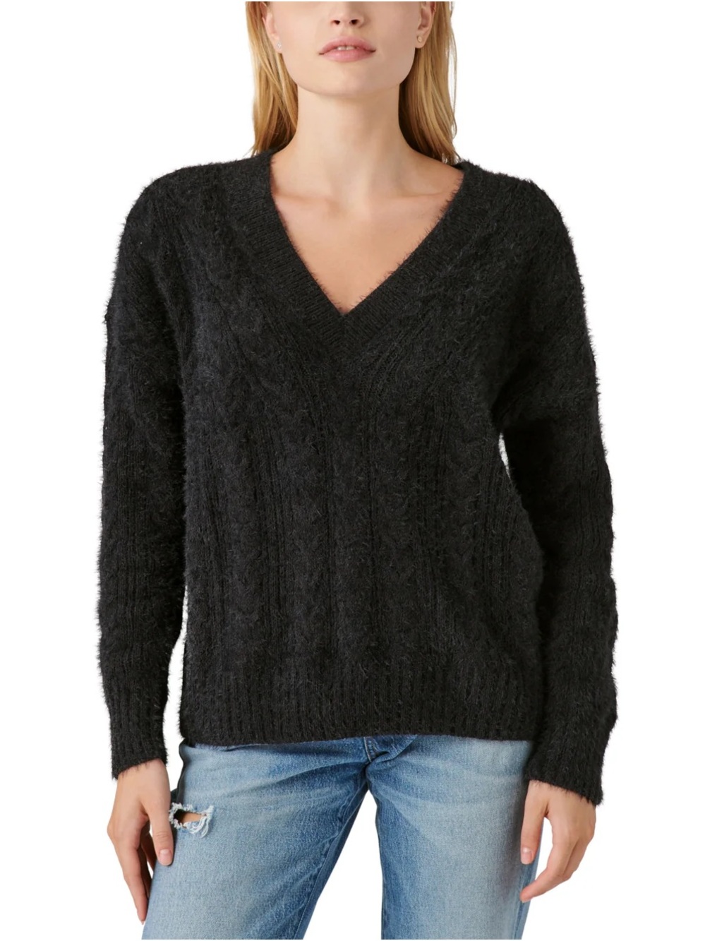 Lucky Brand Black V-Neck Cable Knit Women's Sweater - Picture 2 of 6